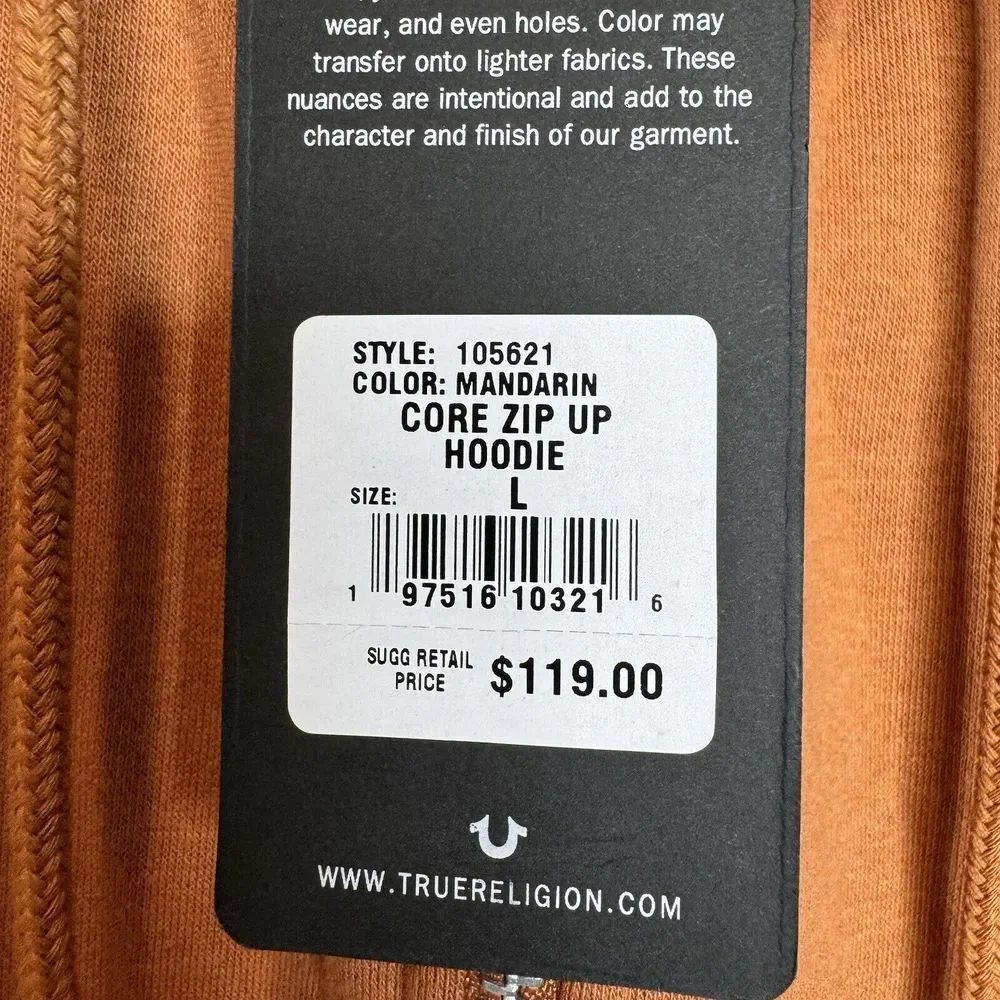$119 True Religion Buddha Hoodie Adult Size L Color Mandarin‎ Full Zip New